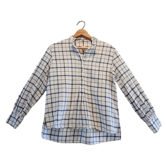 Lavie Rebecca Taylor Top Womens Size XS White Navy Windowpane 100% Cotton Slit - Picture 5 of 14
